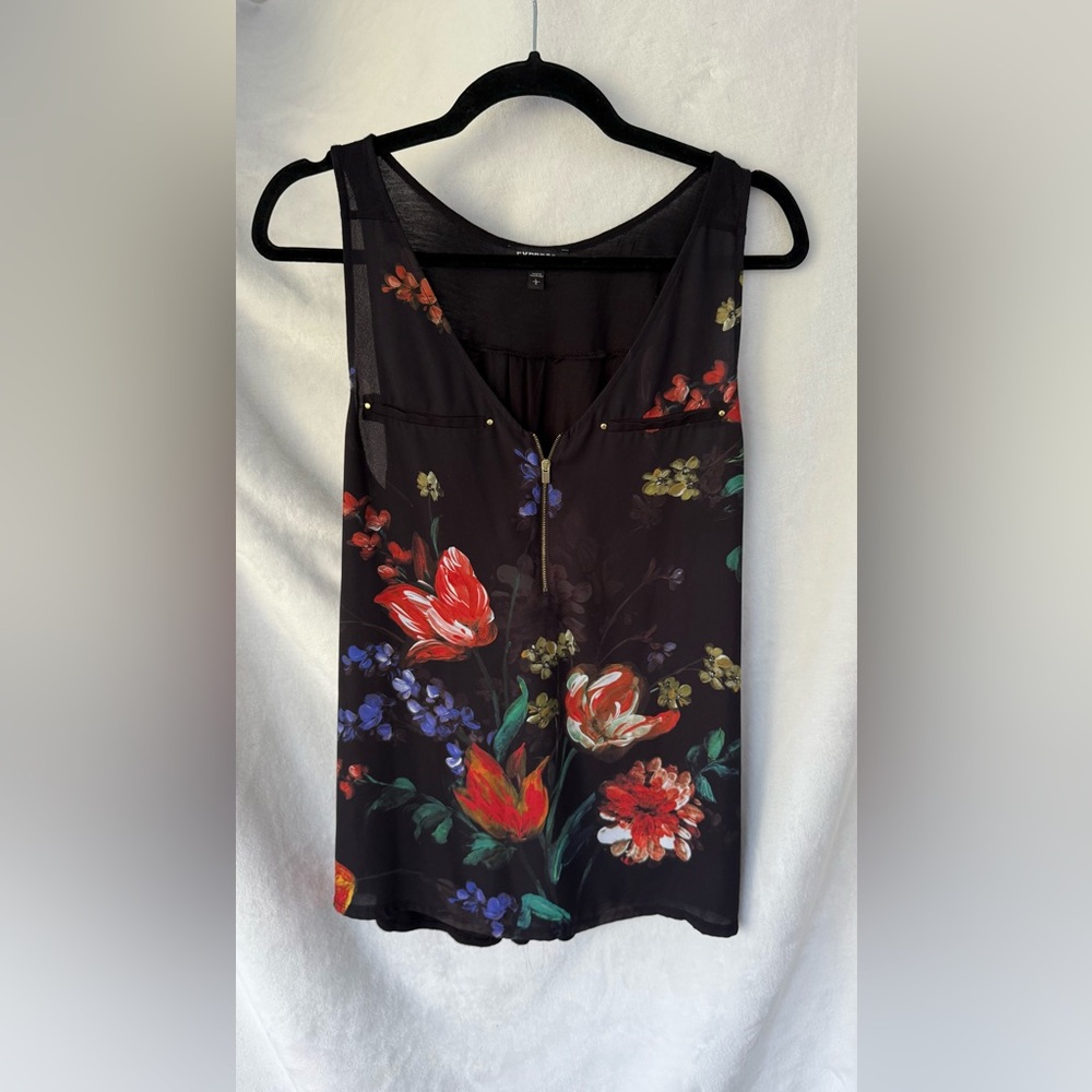 Black floral dress tank top with gold zipper and sheer back